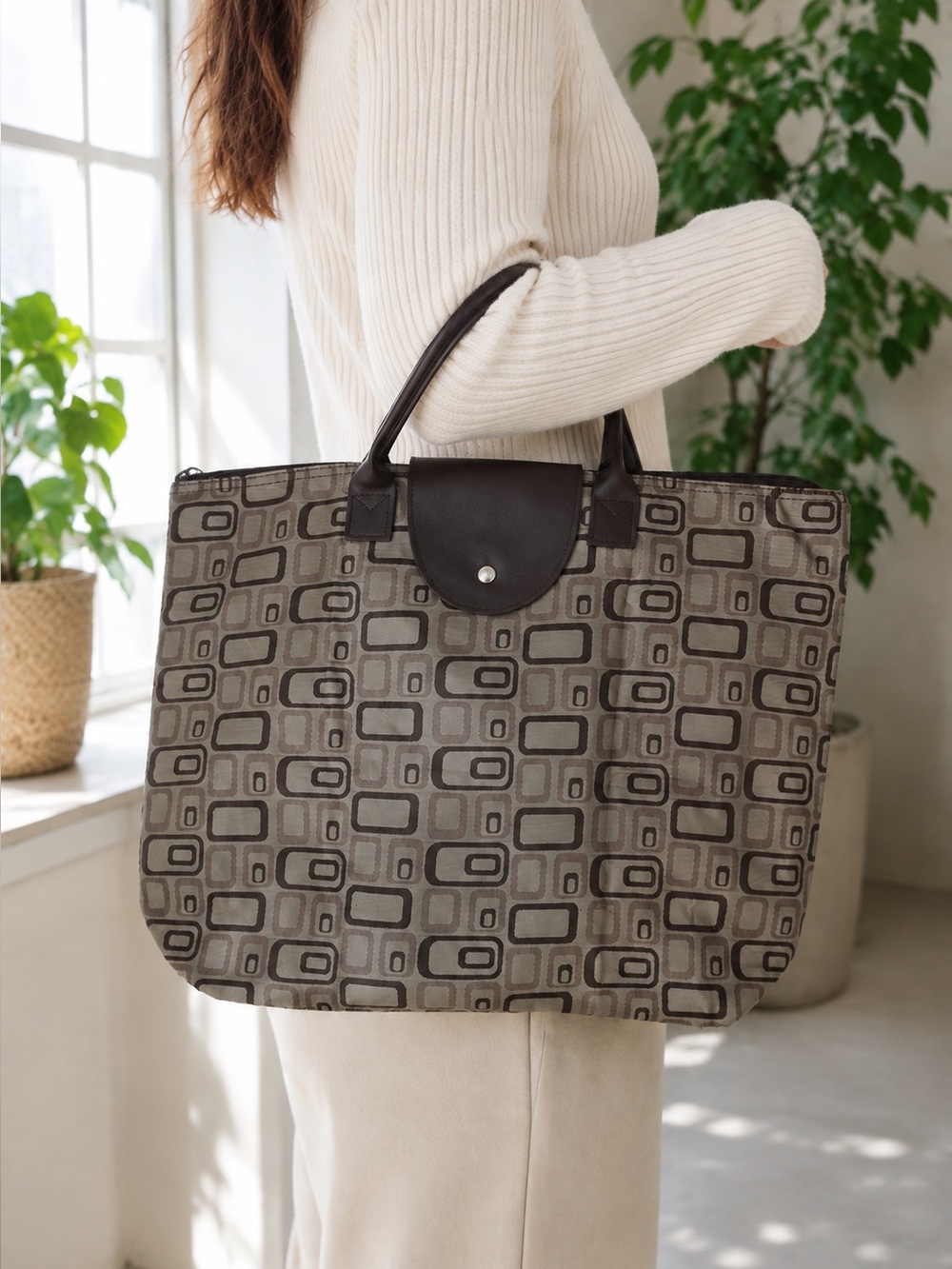 Foldable Geometric Print Shopping Tote Bag Packable Travel Carryall